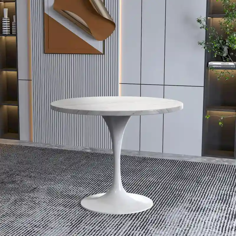 Verve Dining Table with a 36 Round Tabletop in White Steel Pedestal