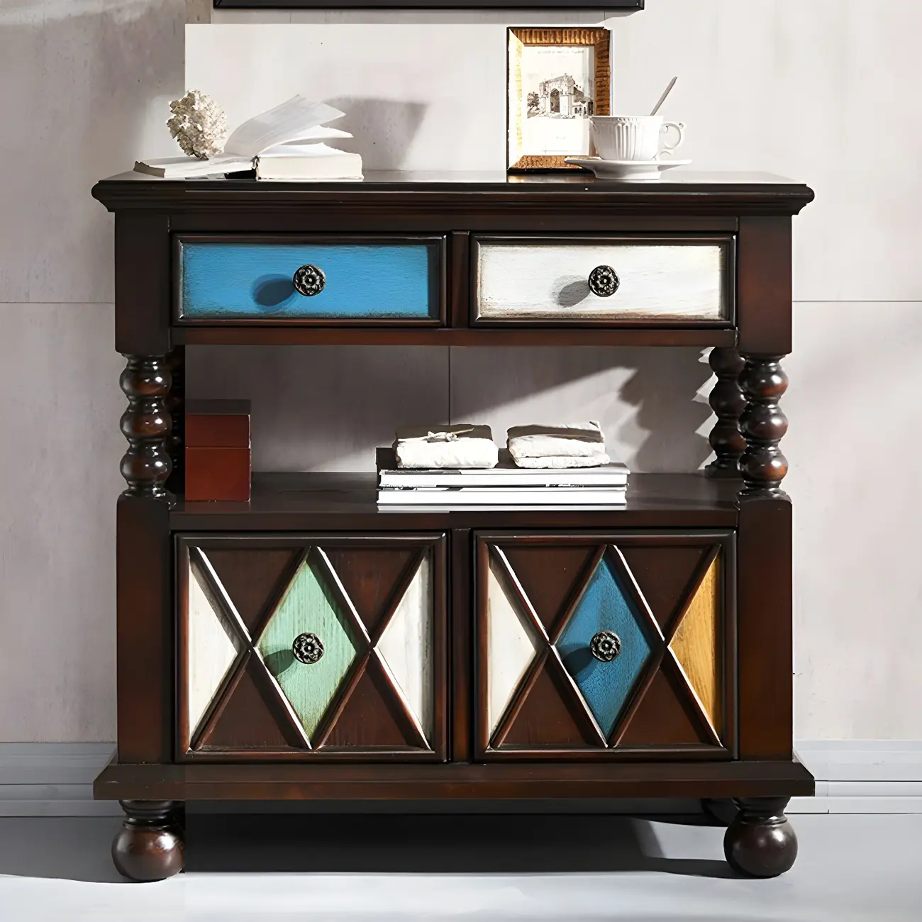 Vintage Geometric Wooden Sideboard with Storage Drawers