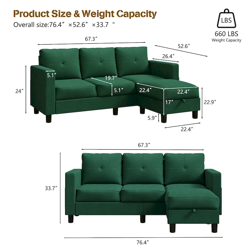 Futzca Modern L-shaped Convertible Sectional Sofa w/ Reversible Chaise