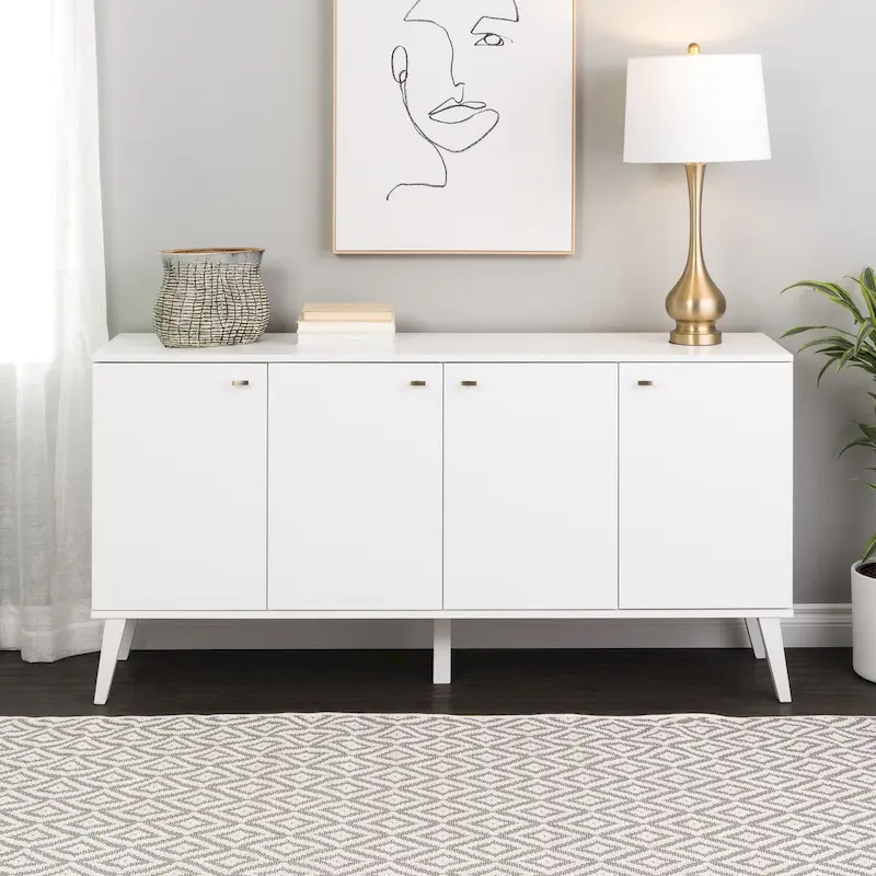 White / Drifted Gray Mid-Century Modern 4-Door Buffet Sideboard – Seats 4-6