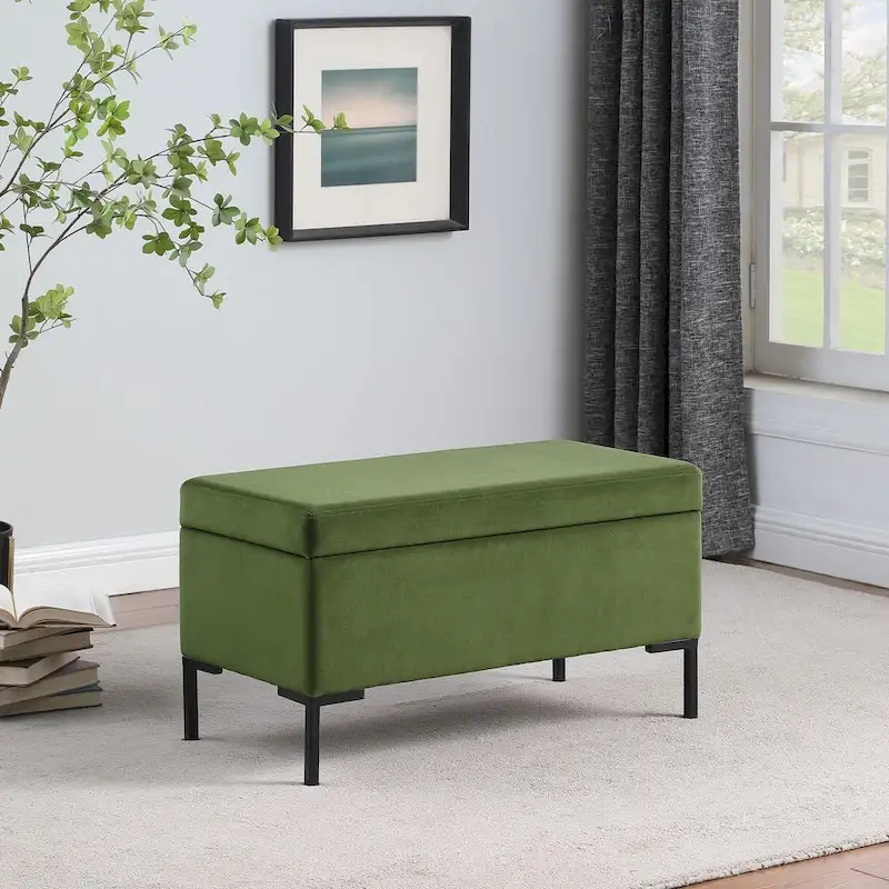 Storage Bench with Metal Legs – Green Velvet / White Boucle / Blush Velvet / Gray Woven, Seats 1–2