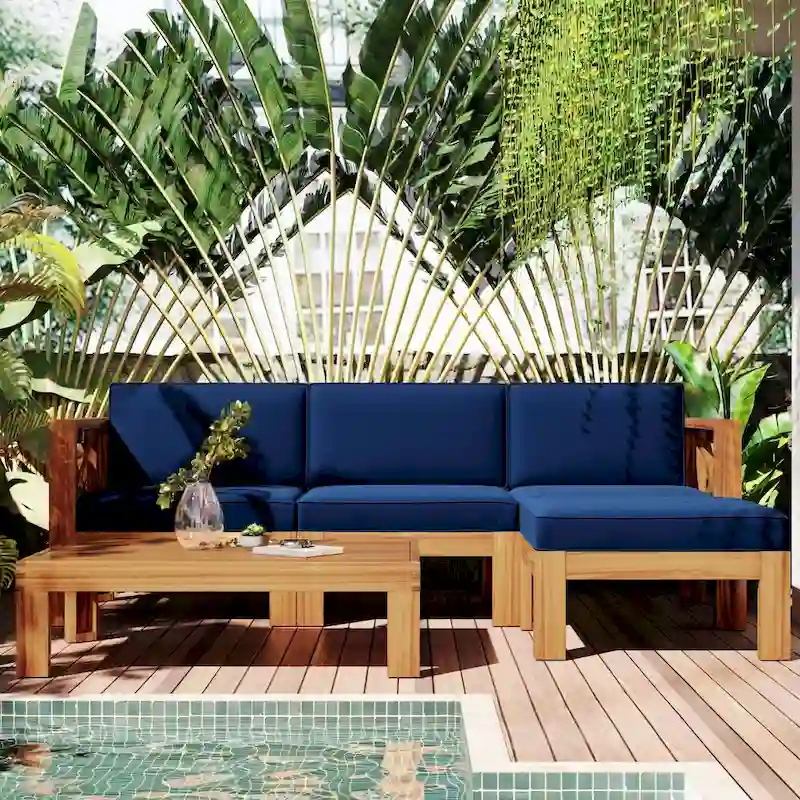 Outdoor Backyard Patio Wood 5-Piece Sectional Sofa Seating Group Set with Cushions, Natural Finish+ Cushions