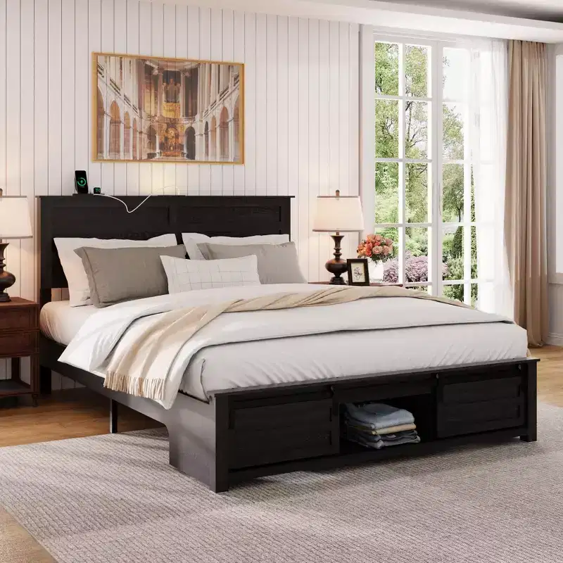 Full/Queen Size Platform Bed with Upholstered Storage Headboard, Wood Platform Bed Frame with Charging Station and LED Lights