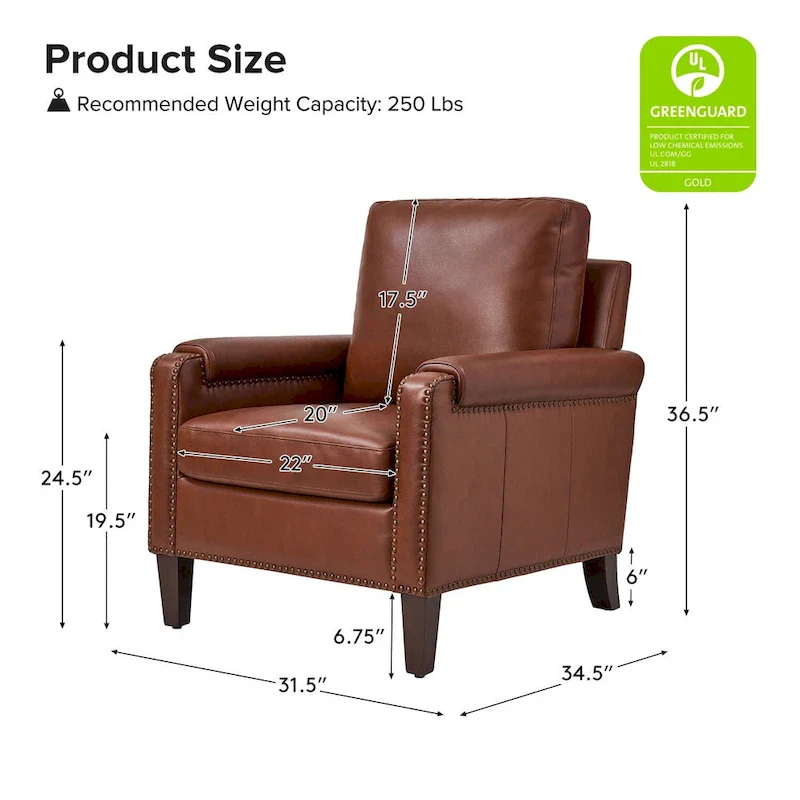 Kunz Transitional Genuine Leather Armchair with Removable Cushion and Nailhead Trims