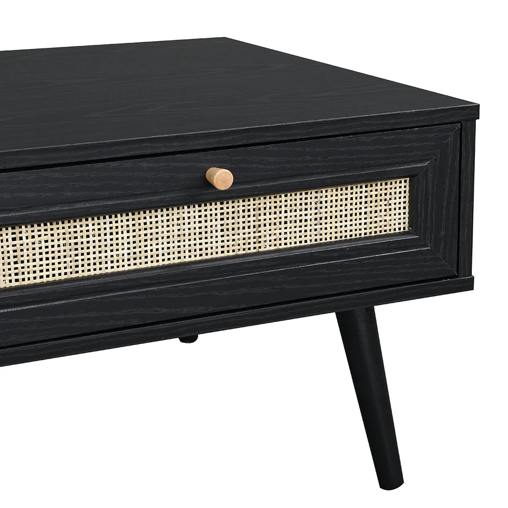 Woven Rattan Wooden Coffee Table in Black