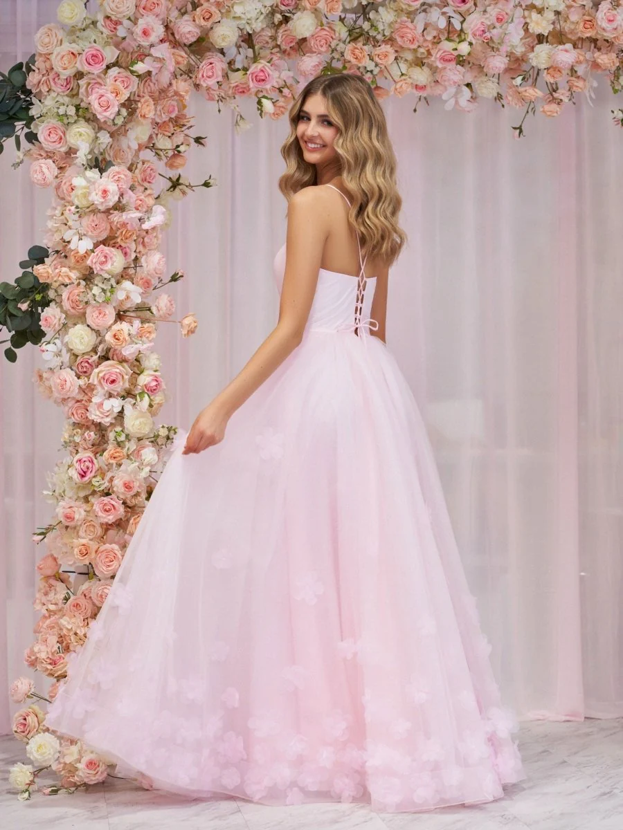 A-line Spaghetti Straps Pink Tulle Prom Dress