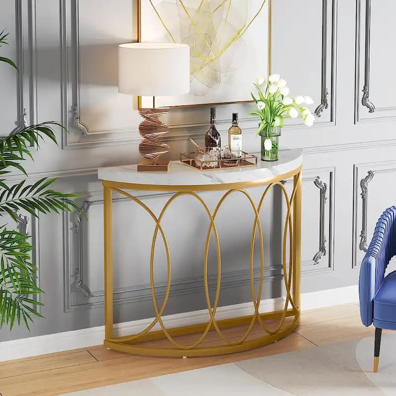 Half Moon Gold Console Table, 43 Inch Modern Faux Marble Entryway Table