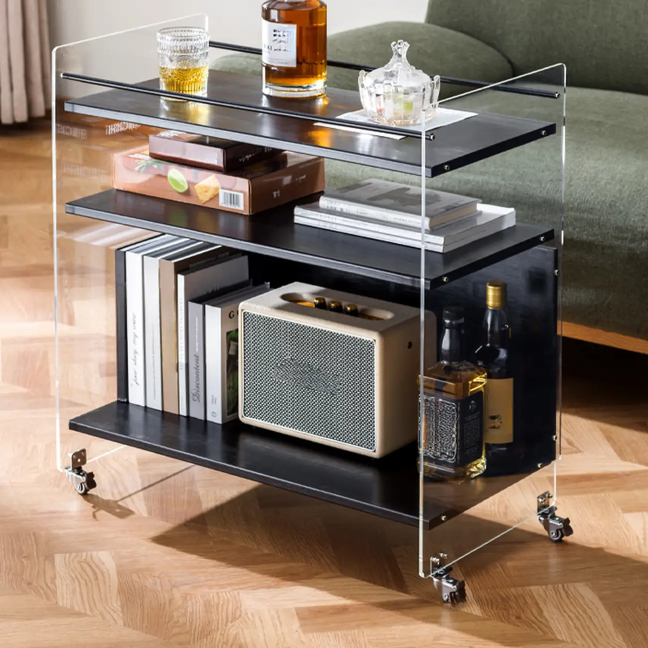 Trendy Moso Bamboo Acrylic 3-Shelf Side Table with Wheels