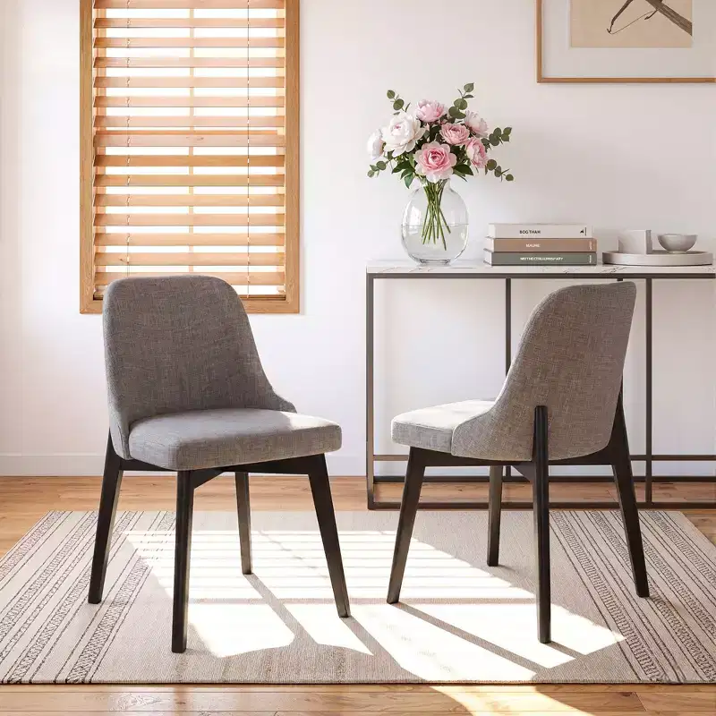 PexFix Solid Wood Upholstered Dining Chairs Set of 2 Mid-Century Modern Fabric Kitchen Side Chairs with Ergonomic Backrest Breathable Linen Upholstery