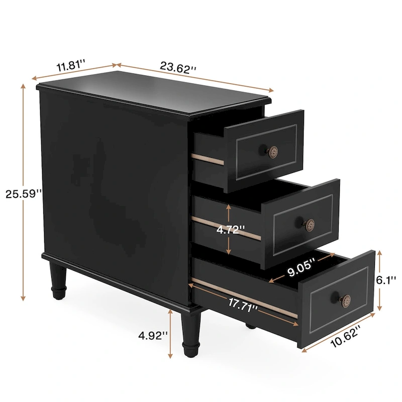 Solid Wood End Table with 3 Drawers, Fully Assembled Narrow Side Table