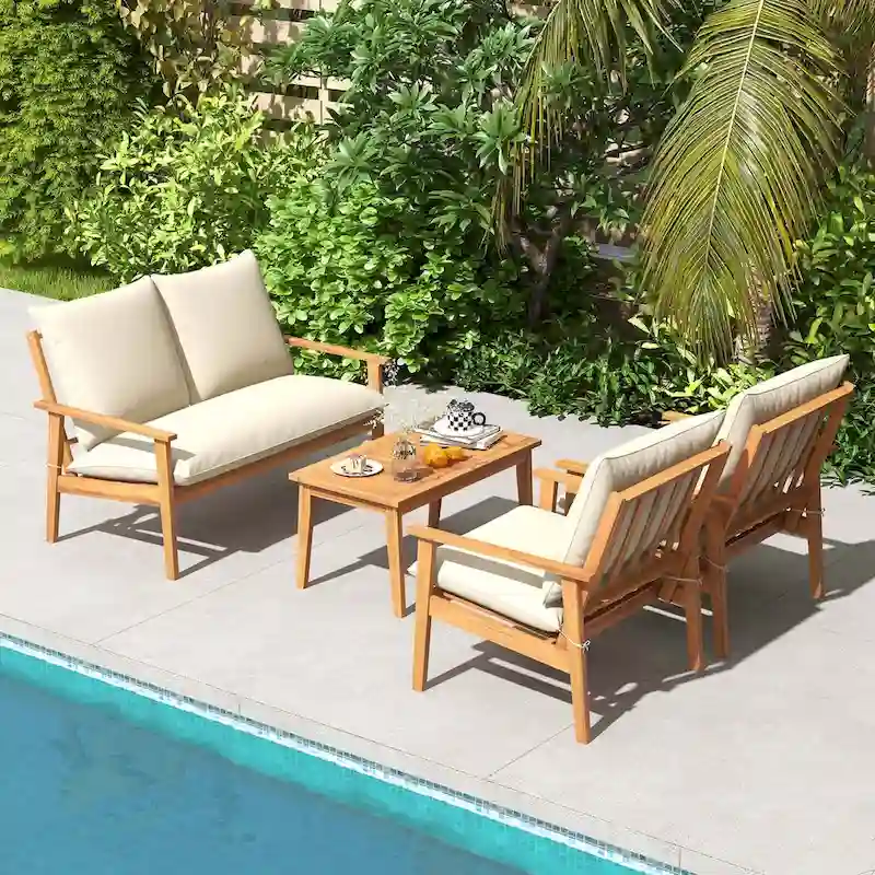 Costway 4 PCS Acacia Wood Patio Furniture Set with Soft Cushions and - See Details