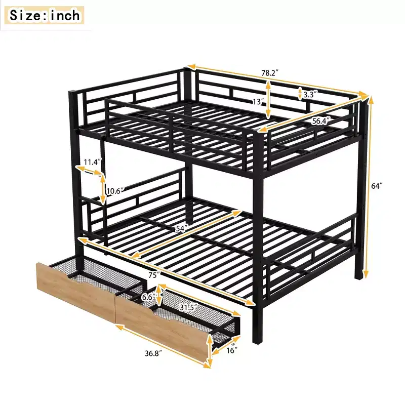 Metal Full over Full Size Bunk Bed with 2 Drawers, Full Bunk Bedframe Convertible into 2 Platform Bed, Black