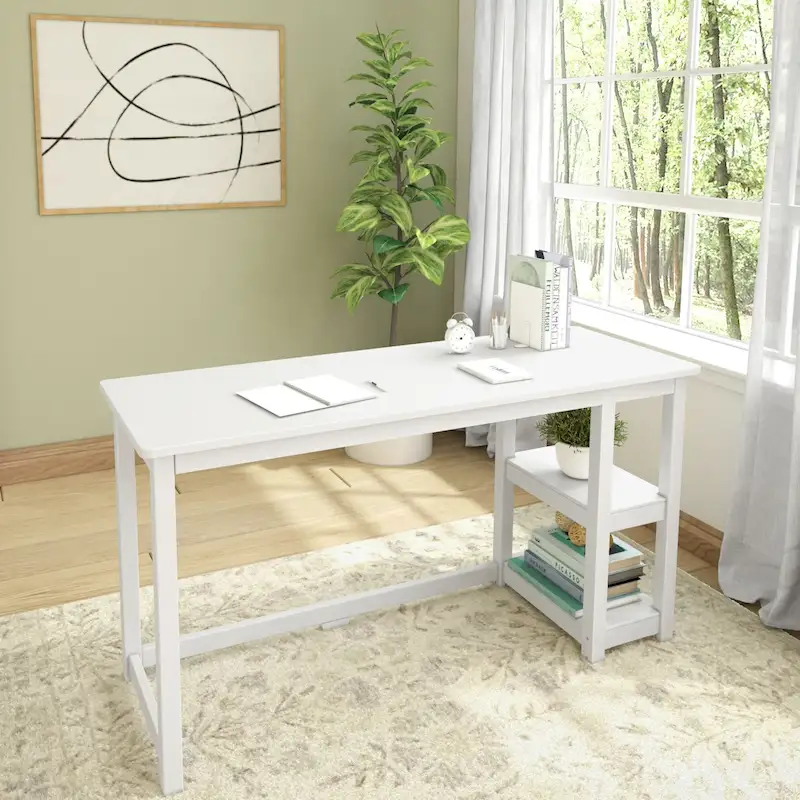 Wood Desk with 2 Bookshelves – White/Grey/Clay/Natural, Single-Person