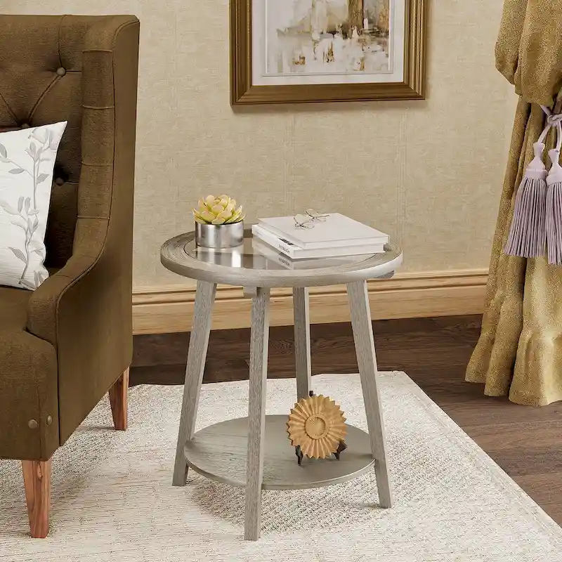 COSIEST 2-Tier Silver Round Glass Table for Living Room - 22 W x 22 D x 24H