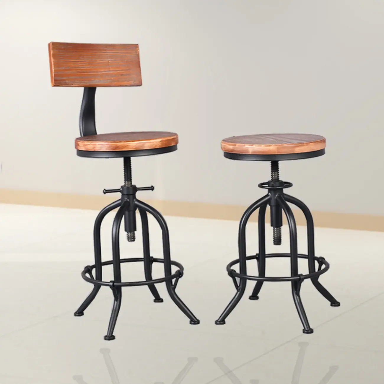 Industrial Round Adjustable Wooden Metal Bar Stools With Backs