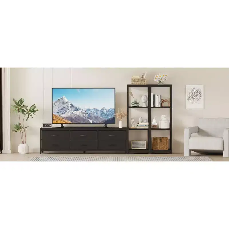 88.9 TV Stand for 75 Inch TV, Entertainment Center with Fabric Drawers & 4-Tier Open Shelves, Modern Media Console with Storage for Living Room