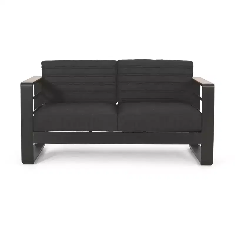 GDFStudio Neffs Outdoor Aluminum Loveseat with Cushions, Dark Gray/Natural/Black