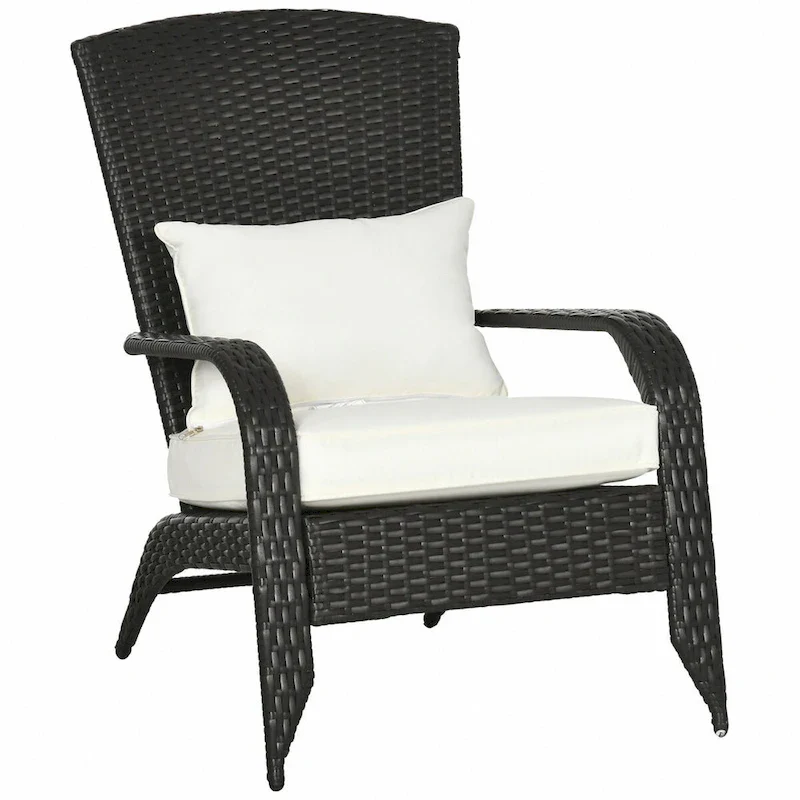 Patio Wicker Adirondack Chair, All-Weather Rattan Fire Pit Chair Soft Cushions, Tall Curved Backrest and Armrests