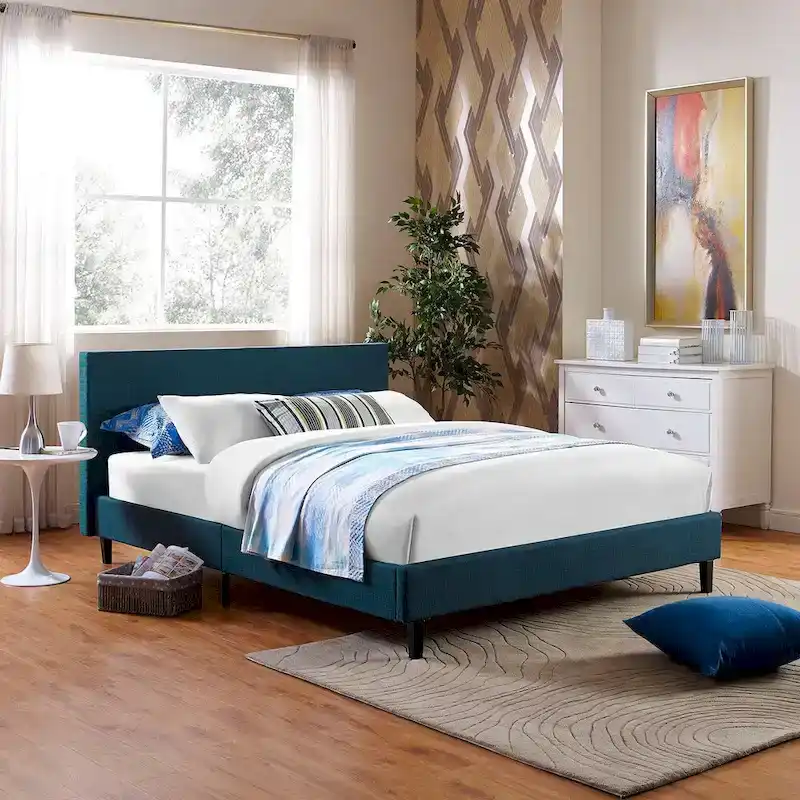 Queen Platform Bed with Padded Vinyl Headboard