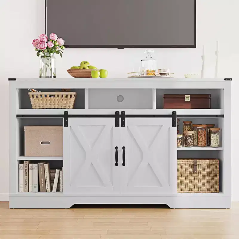 Heynemo Farmhouse TV Stand for 23 Fireplace, 34'' Tall Entertainment Center for 65''+ TV, TV Console with Sliding Bar Door (without Fireplace)