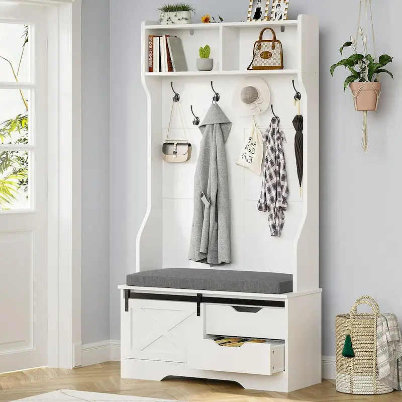 Hall Tree With Bench And Shoe Storage Coat Rack Barn Door