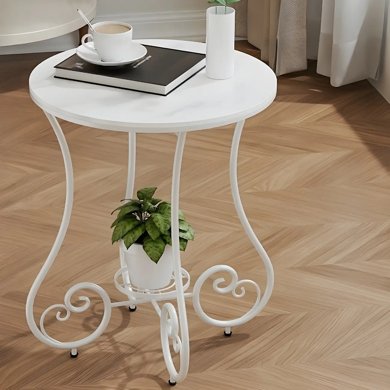 Modern Gloss Finish Steel Marble-Top Round Side Table