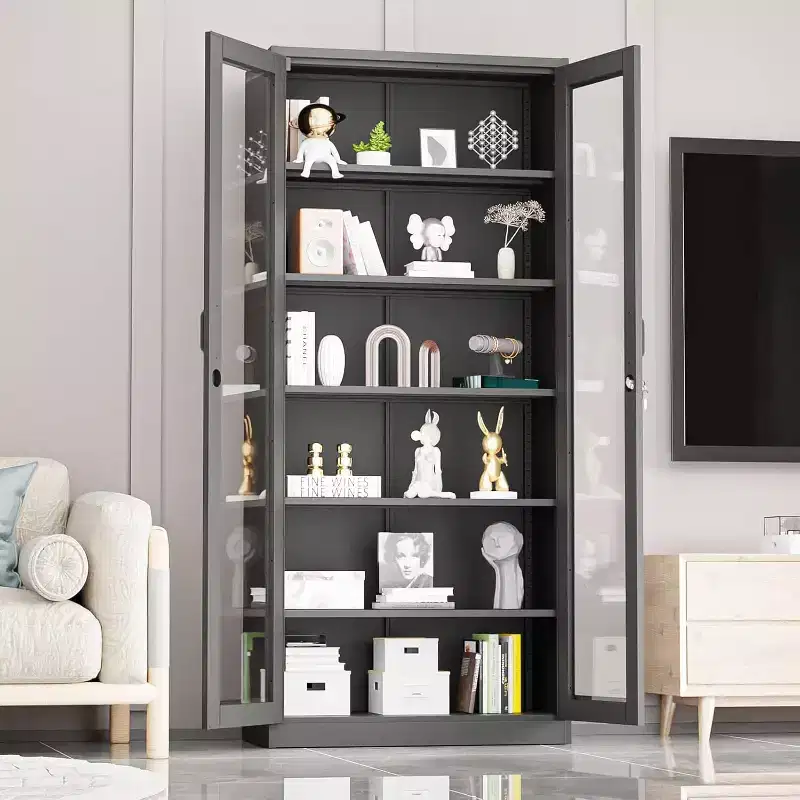 VINGLI Lockable Display Cabinet with Glass Doors & 5 Adjustable Shelves, 71 Tall Black Metal Storage Cabinet Curio Liquor, Bookshelf Bookcase