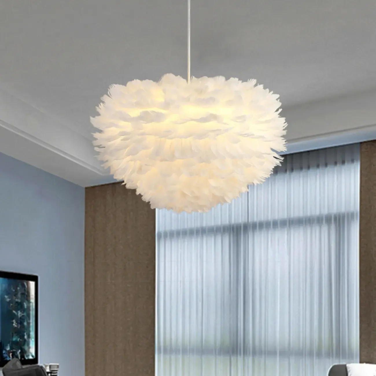 Modern White Feather Pendant Light Height Adjustable