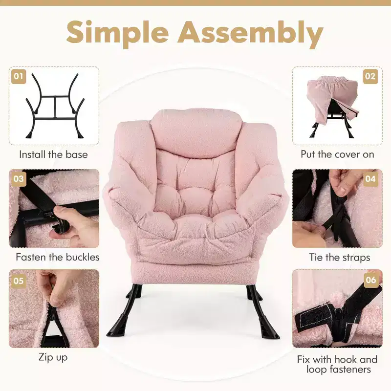 Costway Large Lazy Chair with Cozy Head Pillow Stylish Tufted Back & Seat Armrests Beige/Gray/Pink