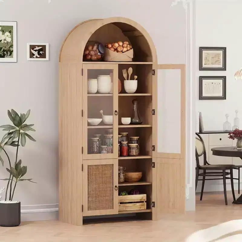 LinTimes 71 Arched Storage Cabinet with Rattan Door & Drawer, 6-Shelf Pantry for Kitchen, Dining Room, Bathroom