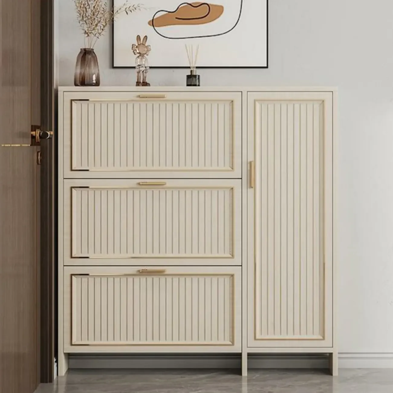 Metal White Drop Front Shoe Cabinet with Textured Panels