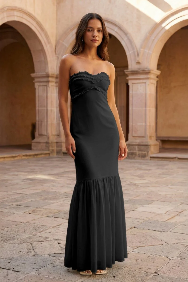 Yellow Strapless Sheath Chiffon Long Prom Dresses With Ruffles