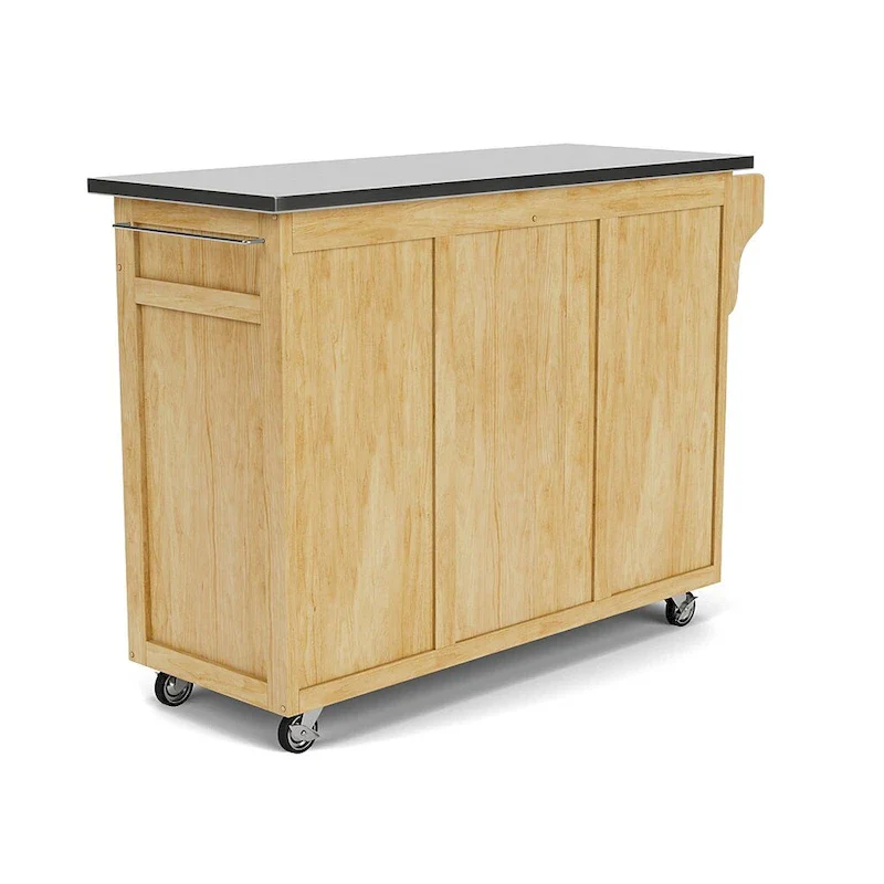 Natural Wood Mobile Kitchen Cart with Stainless Steel Top