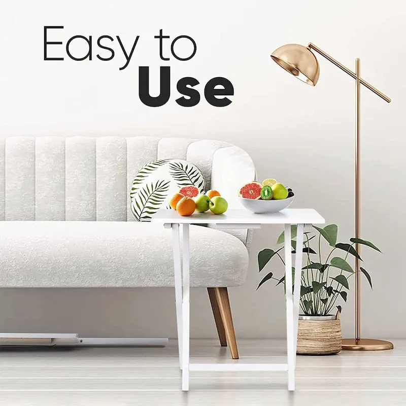 Solid Wood Compact Folding TV Tray and Snack Tables, White, 2 Piece Set