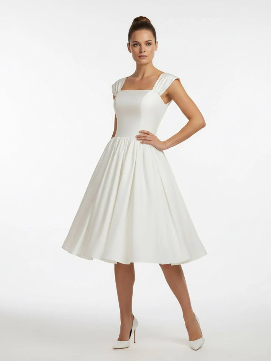 Straps Sleeveless Lace-Up Back Tea-Length Satin Wedding Dress