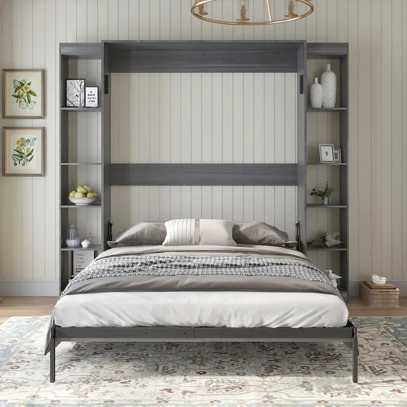 Mixoy Murphy Bed,Folding Wall Bed with 2 Side Cabinet Shelves