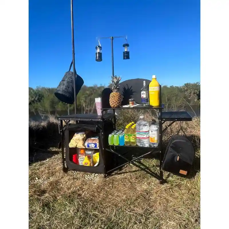 Camping Kitchen Station, Camping Table, Picnic Table, Grill Table Folding Table, Upgrade Light Stand & Windshield Cook Station
