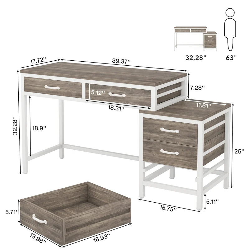 Reversible Computer Desk with 5 Drawers, Home Office Desk with File Cabinet Drawer Printer Stand