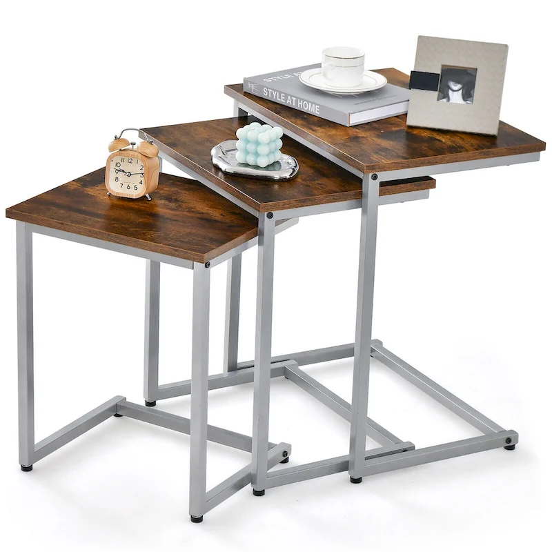 Gymax 3 Pcs Nesting Coffee End Table Set Stacking Side Nightstand