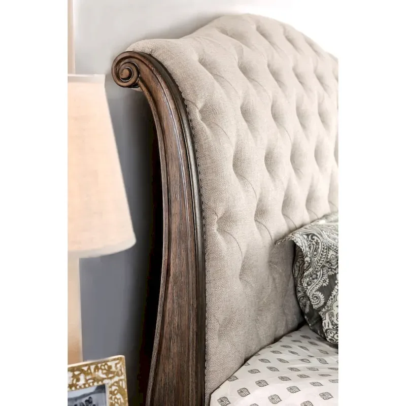 Beige Tufted Sleigh Bed - Rustic Fabric Upholstered Frame