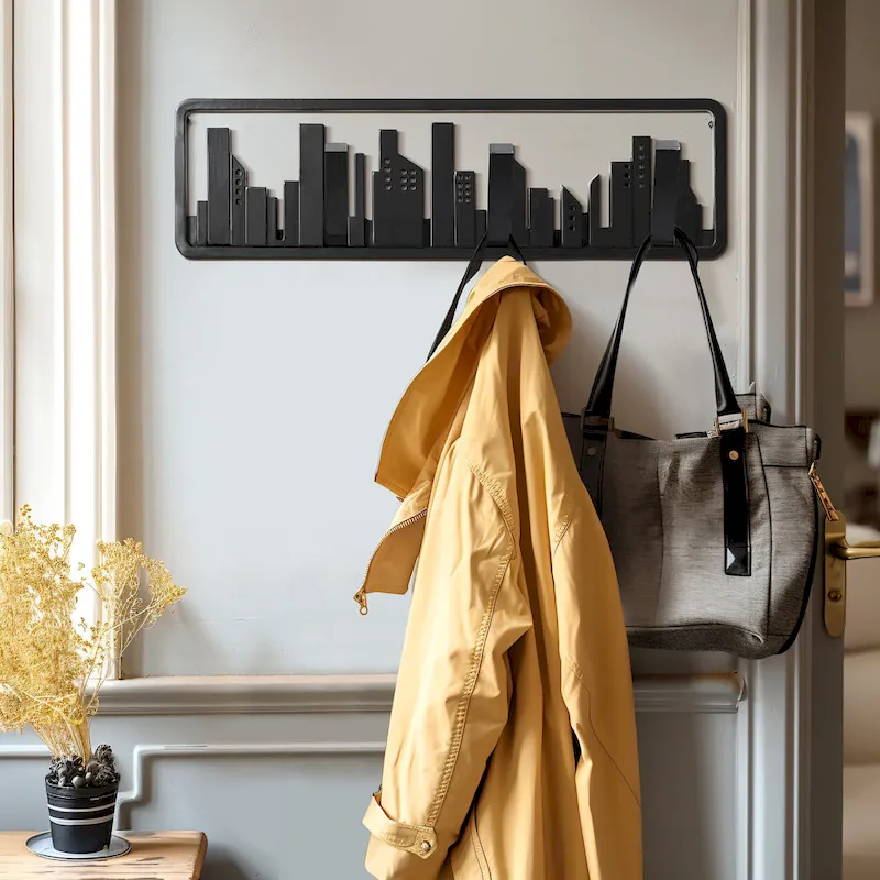 Black Wood 4-Hook Wall-Mounted Coat and Towel Rack - 22.3 Wide