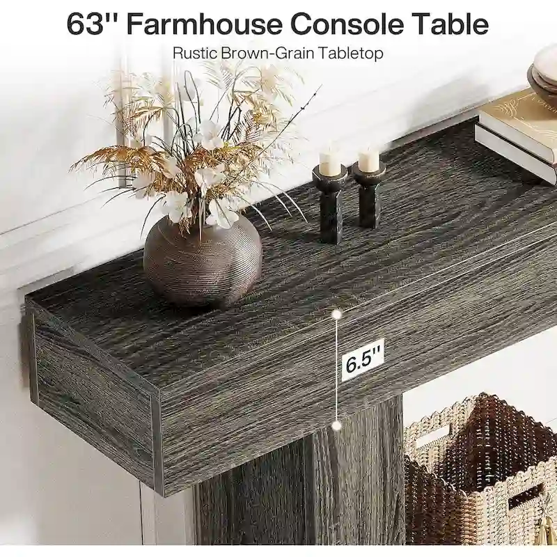 Farmhouse 2 Tiers Entryway Table, 63 Inches Console Table, Narrow Sofa Table