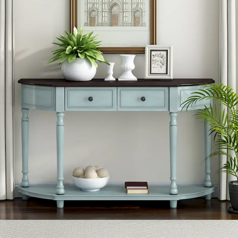 Nestfair Retro Wooden Console Table with Open Shelf Two Drawers