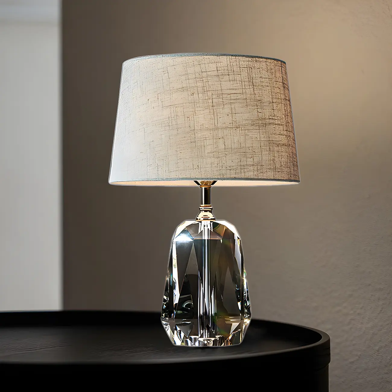 Elegant Cylindrical Crystal Base Table Lamp with Linen Shade