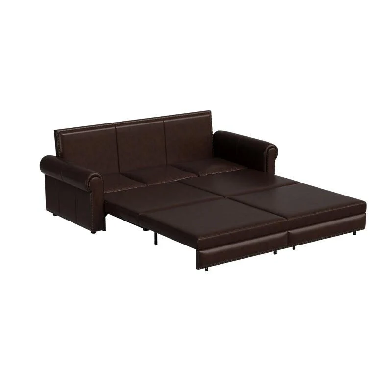 Chesterfield Sofa Bed, King Pull Out Sofa Bed, Velvet/Faux Leather Convertible Sleeper Sofa w/ Nailhead Trim & Rolled Arm