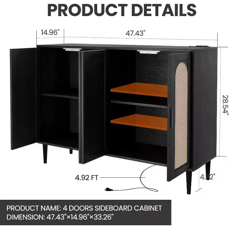 Acekool Rattan Buffet Cabinet with Power Outlet & Adjustable Shelves  Storage Sideboard for Kitchen, Dining Room, Entryway (Black)
