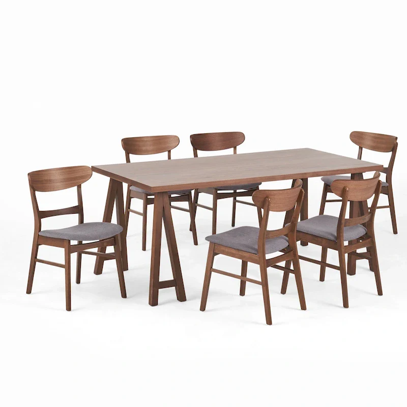Walnut/Oak Mid-Century A-Frame Dining Set with Upholstered Chairs, 7-Person