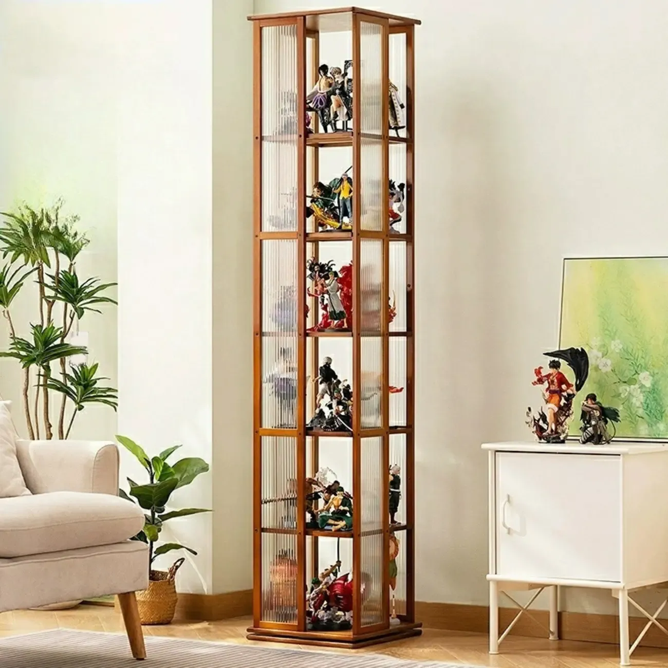 Modern Black Bamboo Tall Narrow Glass Open Display Cabinet