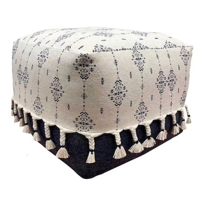 Navy & White Ornamental Square Pouf Ottoman — 1 Seat