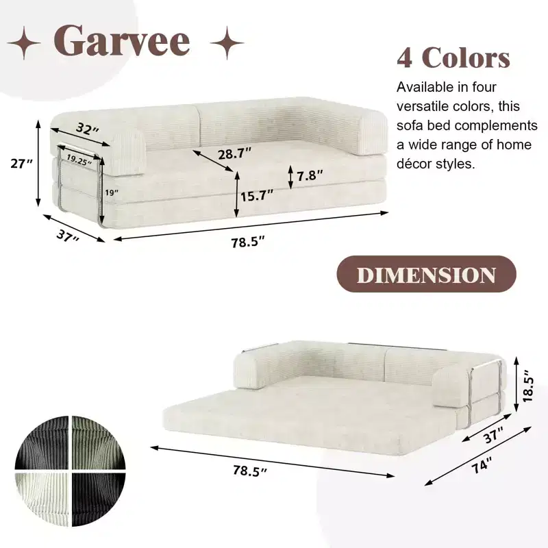 Convertible Sleeper Sofa Bed, 78 Boneless Couch with Fixed-Shape Frame, Corduroy Loveseat Floor Sofa, Folding Mattress Couch for Living Room